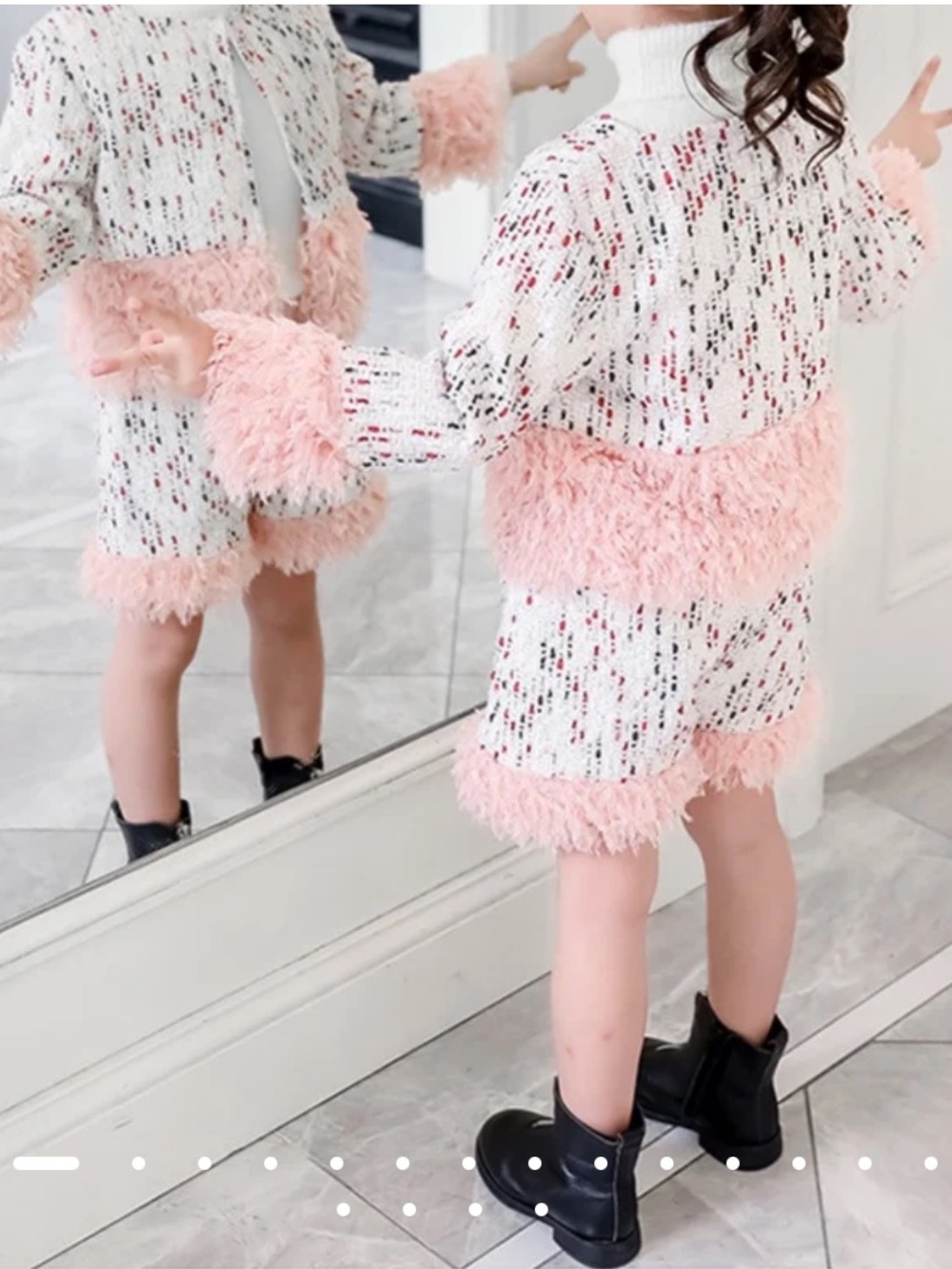 Ivory and pink Tweed Two-Piece Set with Blush Pink Feather Trim